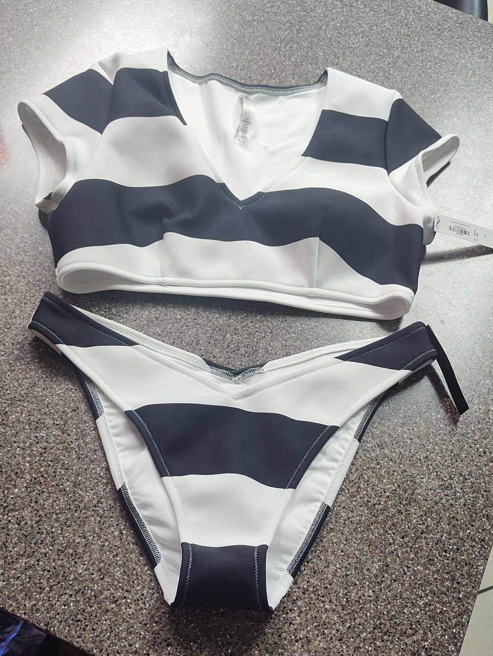Victoria's Secret Black & White Striped V-Neck Crop Bikini Set